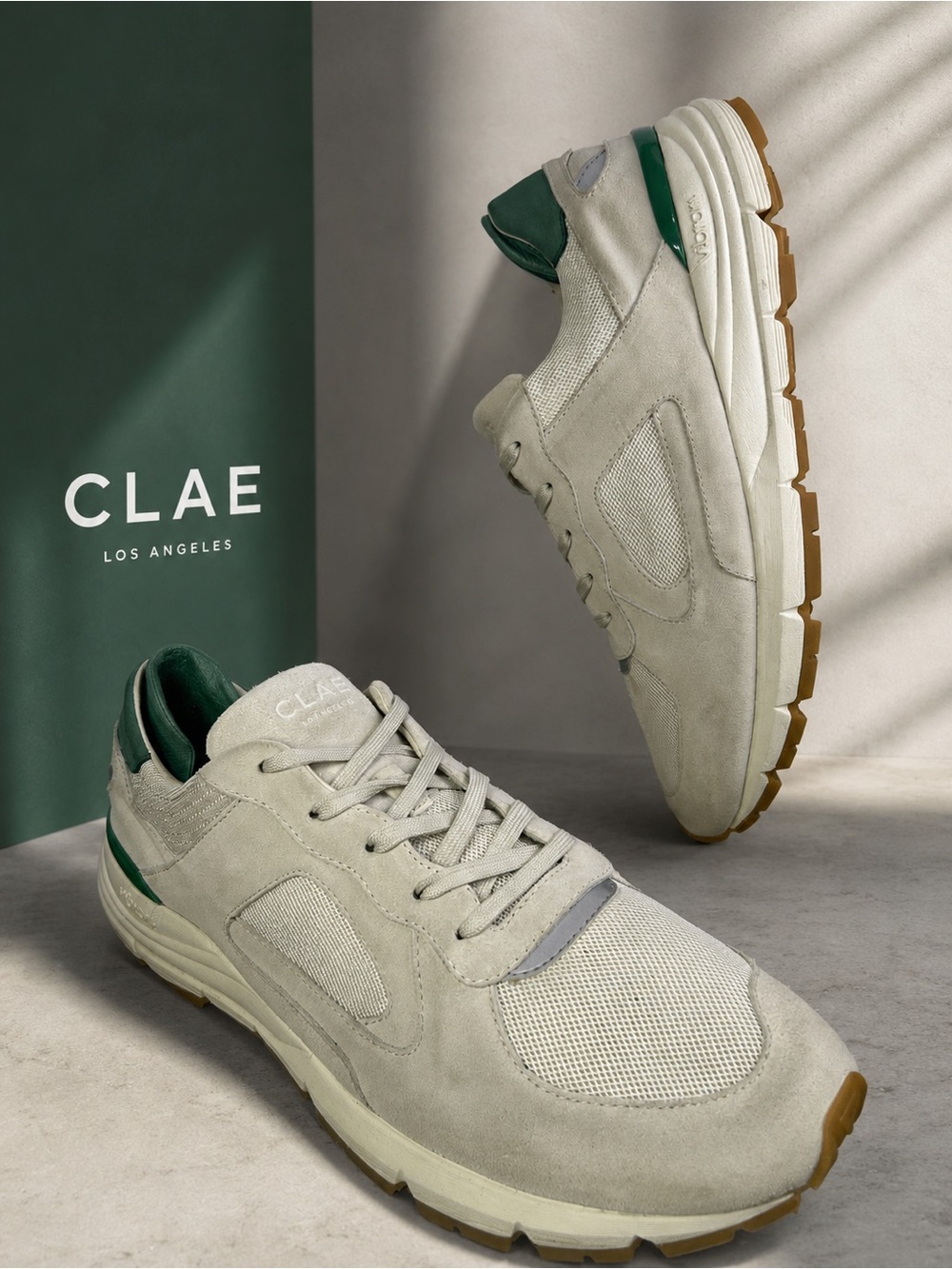 Clae Men’s Suede & Mesh Sneakers in Light Gray with Green Accents